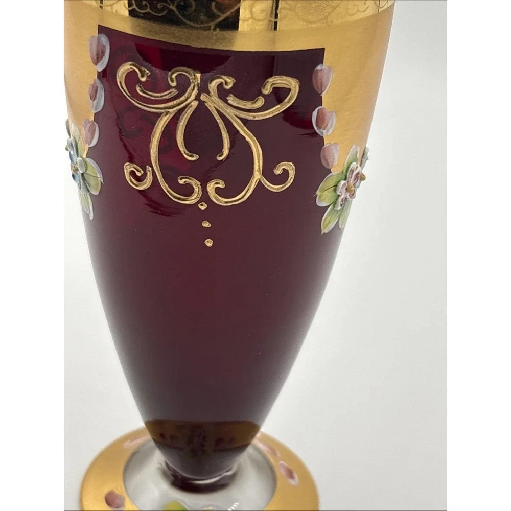 Seyei Japan Ruby Red Cranberry Glass Vase - 24K Gold Gilt & Enamel Flowers